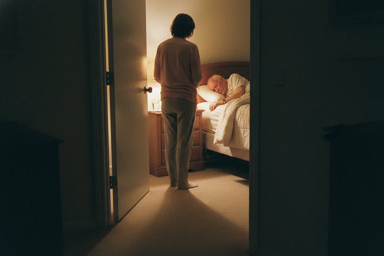 Caregiver checking on elderly person sleeping at night