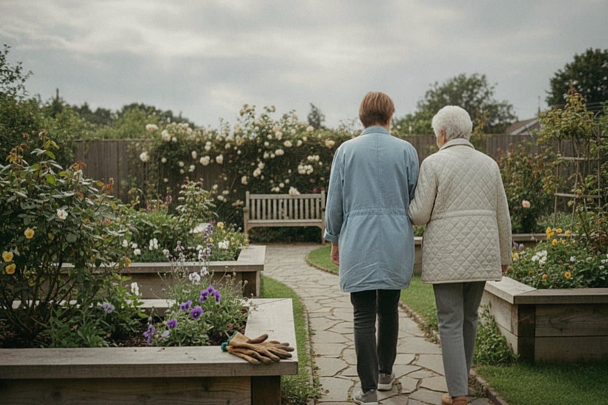 Elderly person and caregiver walking through garden
