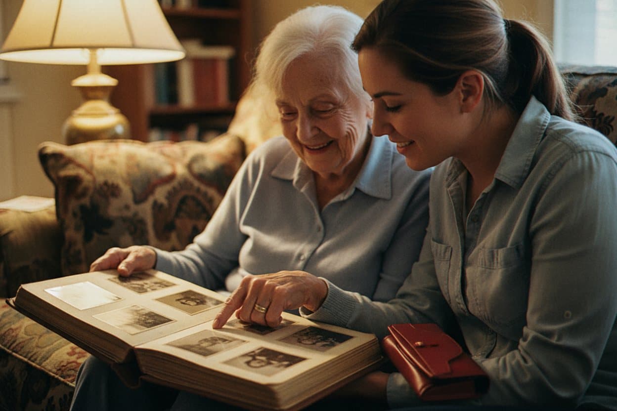 Elderly person and caregiver looking at old photos
