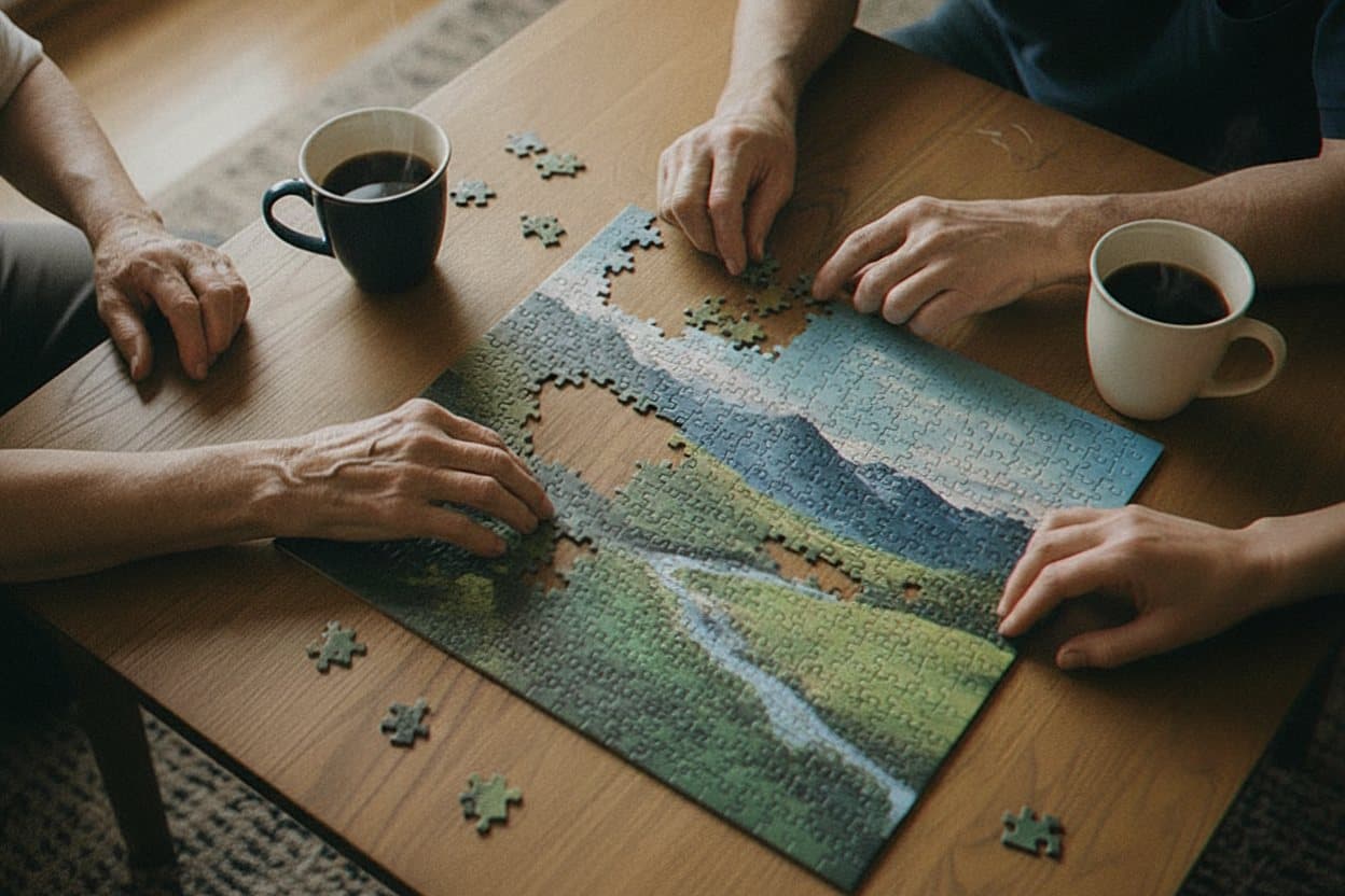 Elderly person and caregiver doing puzzle together