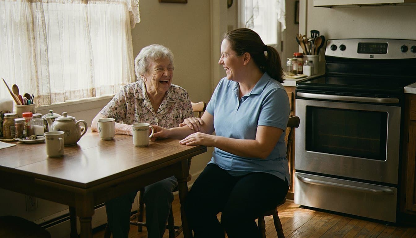 Elderly person and caregiver sharing tea together
