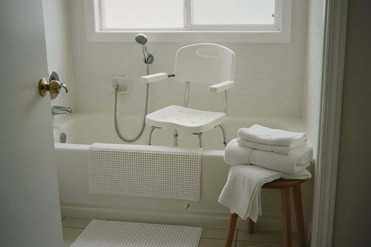 Elderly person showering safely with grab bar