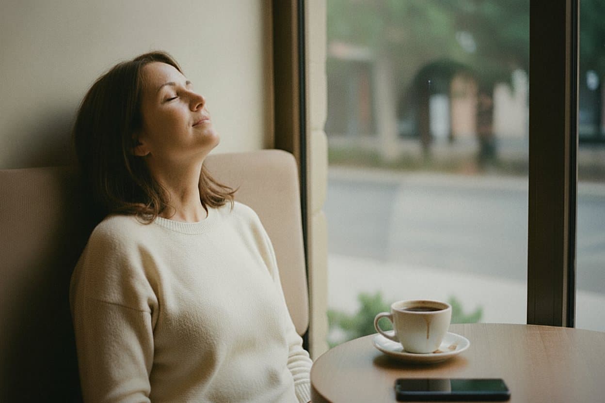 Daughter relaxing with coffee during respite care