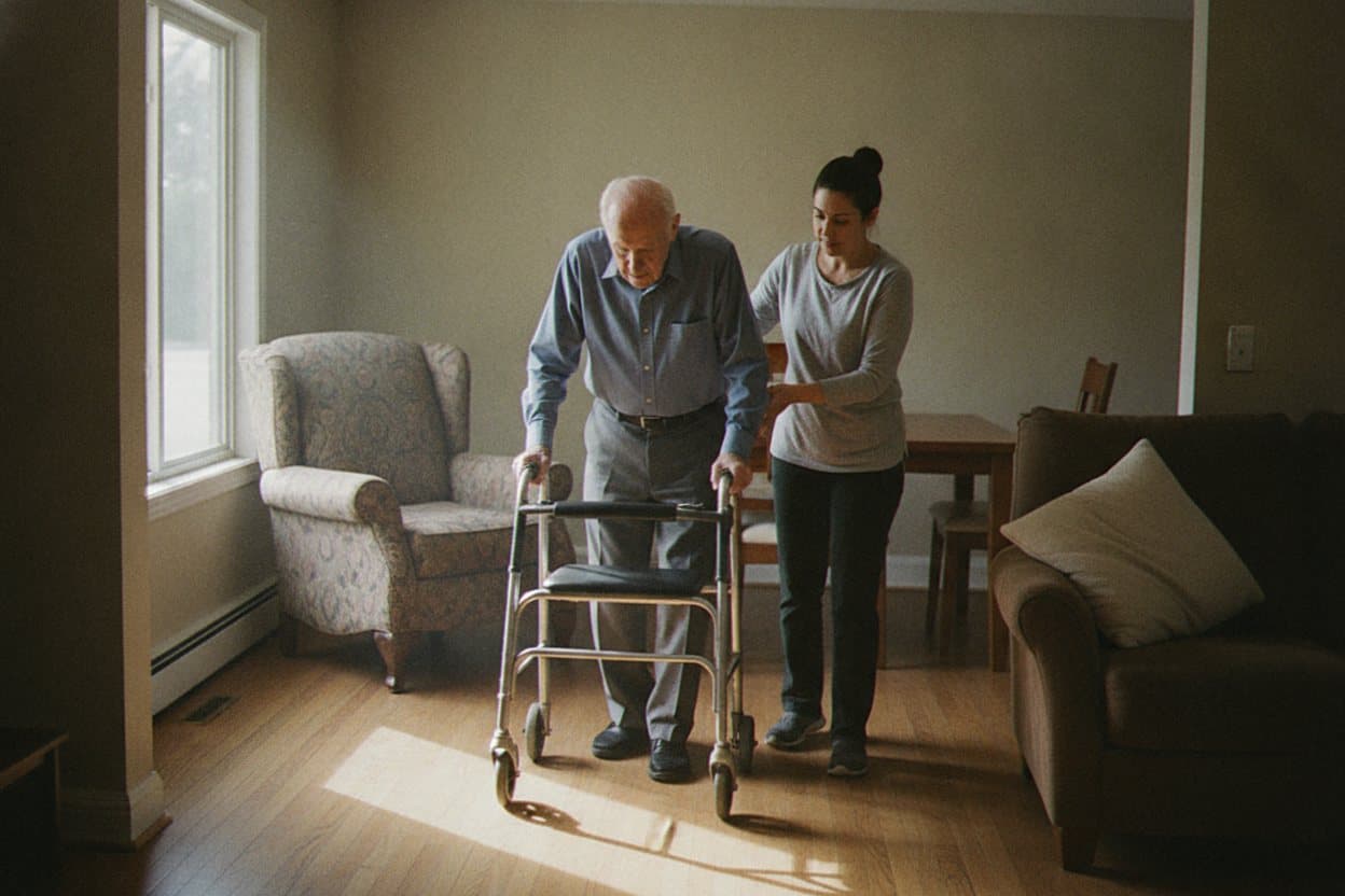 Caregiver helping client practice walking with walker